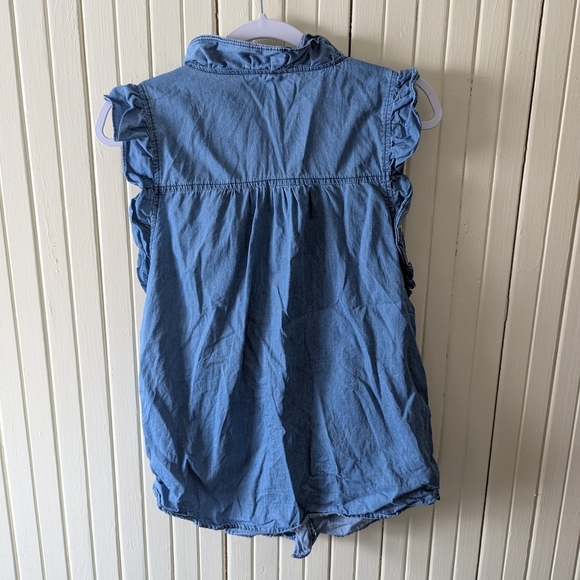 Blue Denim Chambray Button Down Short Sleeve Top Ruffle Collar Women's Small - Picture 2 of 4